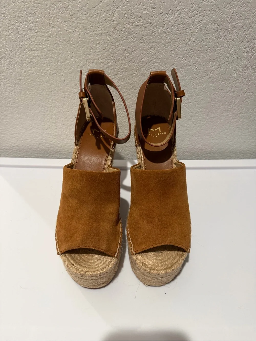 Marc Fisher Tan Suede Espadrille Wedge Adalyn Sandals with Ankle Strap